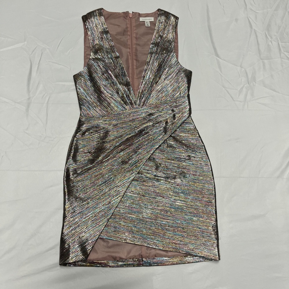 Topshop Metallic Rainbow V-Neck Mini Dress Size 4 - Picture 3 of 7